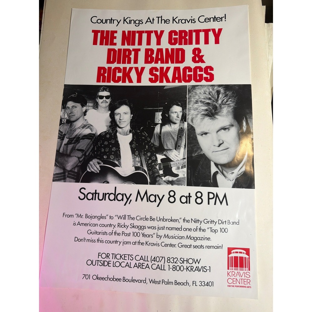 VINTAGE Nitty Gritty Dirt Band Ricky Skaggs Concert Poster Unisex 30x20 White